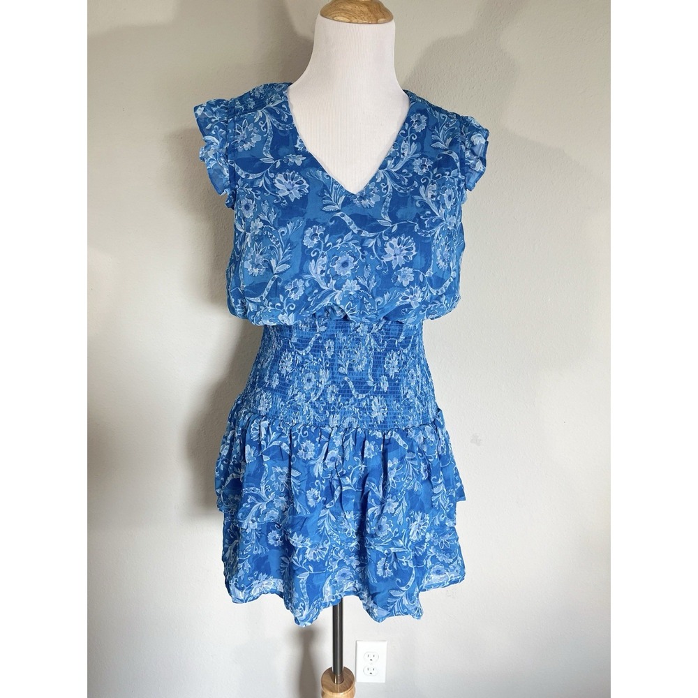 AQUA Smocked Waist Ruffle Mini Dress Size L Bloomingdales Blue Floral Beach